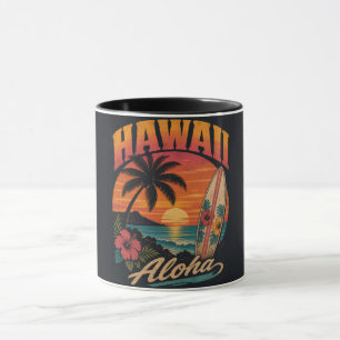 Mug Coucher de soleil hawaïen vintage Palmiers Planche