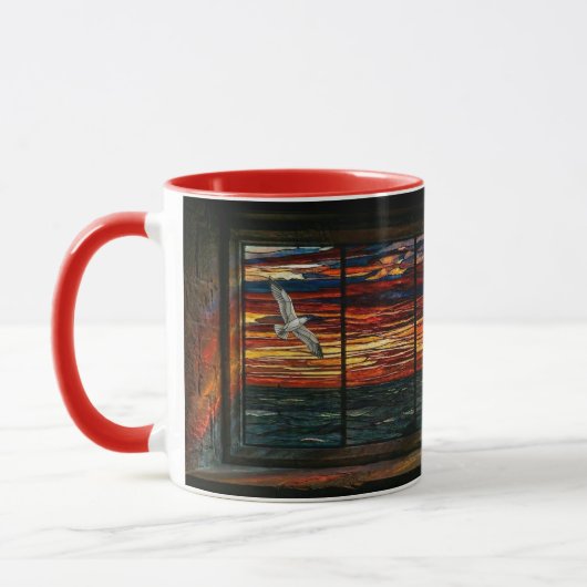 Mug Coucher de soleil vitrail avec mouette et voilier (Gauche)