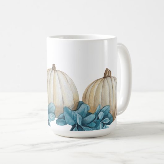 MUG COULEUR D'EAU CHUTE BLANC CITROUILLES & FLEURS BLE (Devant droit)