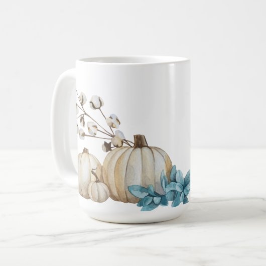 MUG COULEUR D'EAU CHUTE BLANC CITROUILLES & FLEURS BLE (Devant gauche)