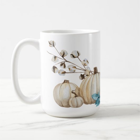 MUG COULEUR D'EAU CHUTE BLANC CITROUILLES & FLEURS BLE (Gauche)