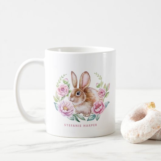 Mug Couleur d'eau mignonne lapin et Fleurs roses sur m (Avec donut)