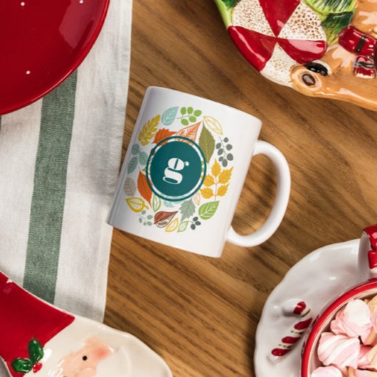 Mug Couleurs de chute Feuilles Cercle, Monogramme pers