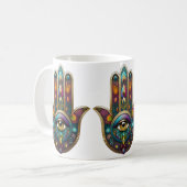 Mug Couleurs de paon Hamsa avec Troisième Œil en or (Devant gauche)