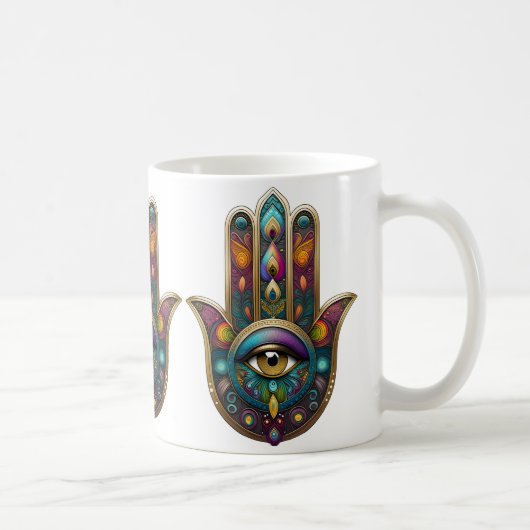 Mug Couleurs de paon Hamsa avec Troisième Œil en or (Droite)