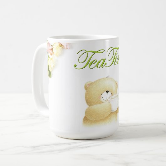 Mug Coupe blanche avec imprimé ours en Teddy et fleurs (Devant gauche)