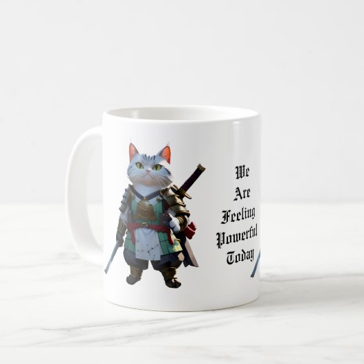 Mug Coupe de café avec imprimé de chat samouraï. (Devant gauche)