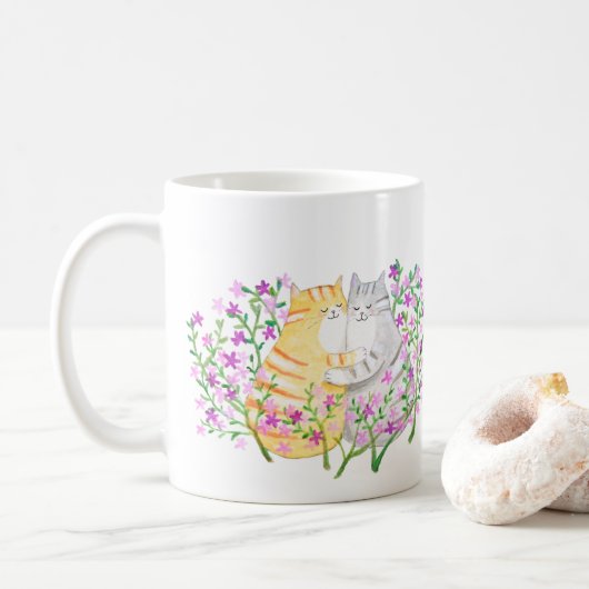 Mug Couple de chats mignons se câlinant dans les fleur (Avec donut)