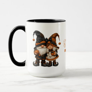 Mug Couple de gnomes Halloween orange à carreaux