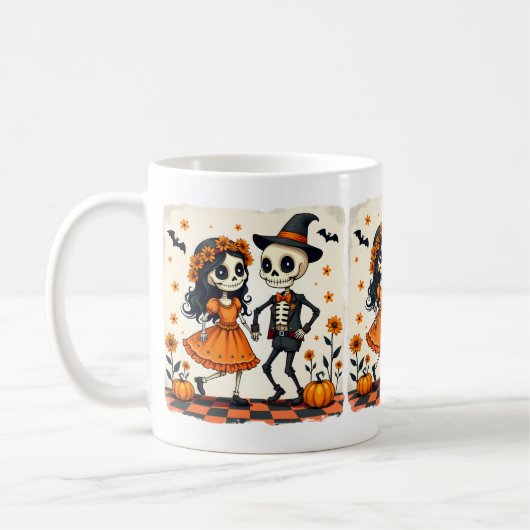 Mug Couple de squelette d'Halloween mignon en orange (Gauche)