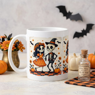 Mug Couple de squelettes mignons d'Halloween en orange