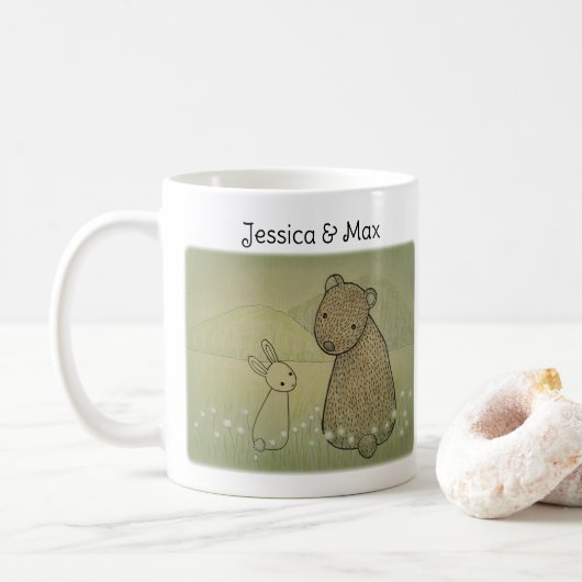 Mug Couple d'ours et de lapin Nom personnalisé Cadeau (Avec donut)