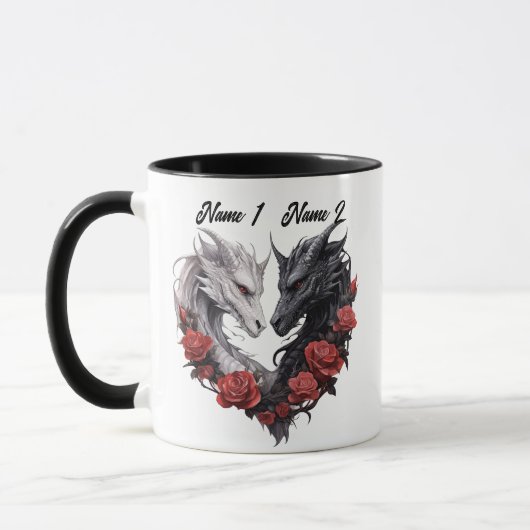 Mug Couples Noms Dragons Noir & Blanc, Fleurs Rouges (Gauche)