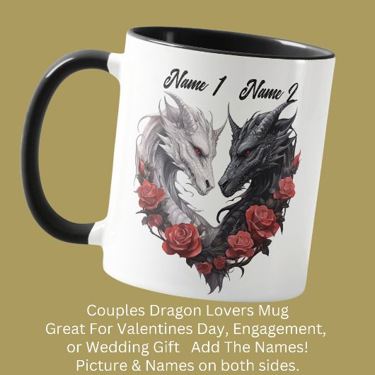 Mug Couples Noms Dragons Noir & Blanc, Fleurs Rouges