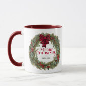 Mug Couronne aquarelle carreau rouge Noël personnalisé (Gauche)