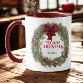 Mug Couronne aquarelle carreau rouge Noël personnalisé