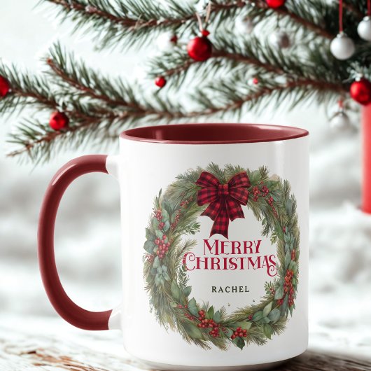 Mug Couronne aquarelle carreau rouge Noël personnalisé