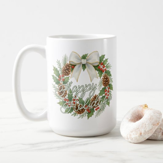 Mug Couronne de décembre élégante avec ruban blanc pou (Avec donut)