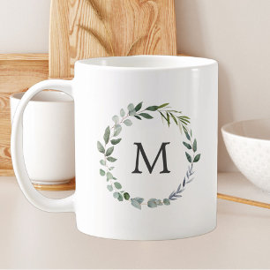 Mug Couronne de feuilles vert sauge à aquarelle monogr