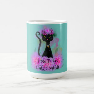 Mug Couronne de fleur de chat noir assise en roses ros