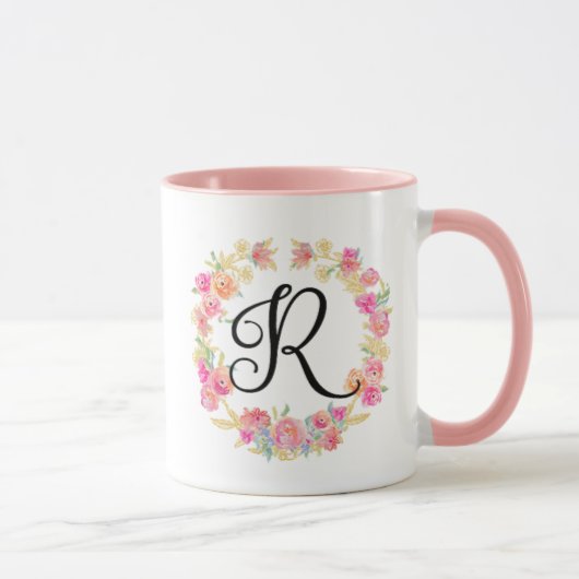 Mug Couronne de Fleurs Monogramme Rose Mignon (R) (Droite)
