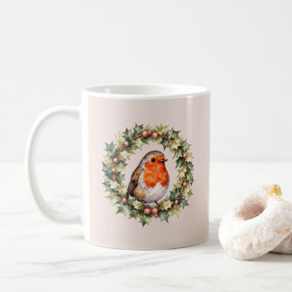 Mug Couronne de houx de rouge-gorge de Noël Aquarelle