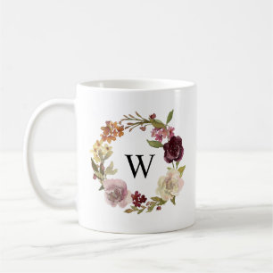Mug Couronne de monogramme à l'aquarelle florale