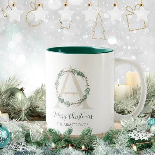 Mug Couronne de monogramme vert forêt Noël initiale