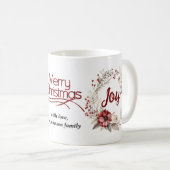 Mug Couronne de Noël avec fleurs rouges et baies Joy (Devant droit)