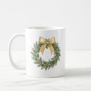 Mug Couronne de Noël élégante avec aquarelle à ruban d