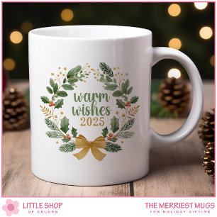 Mug Couronne de Noël élégante verte et or à l'aquarell
