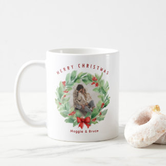 Mug Couronne de Noël en aquarelle photo personnalisée