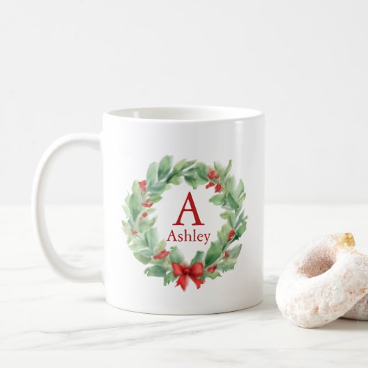 Mug Couronne de Noël en monogramme d'aquarelle et nom (Avec donut)