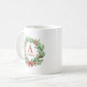 Mug Couronne de Noël en monogramme d'aquarelle et nom (Devant gauche)