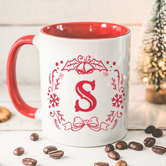 Mug Couronne de Noël Monogramme Hiver Rouge Fêtes