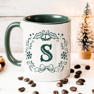Mug Couronne de Noël verte personnalisée avec monogram
