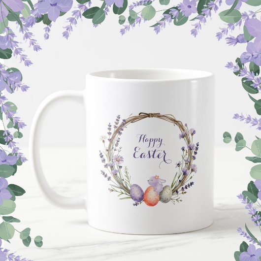 Mug Couronne de Pâques à l'aquarelle lavande Œufs Lapi