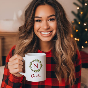 Mug Couronne de verdure des Fêtes avec monogramme de f
