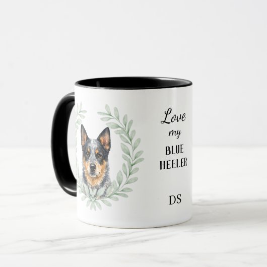 Mug Couronne d'eucalyptus Heeler bleu chien monogramme (Devant gauche)