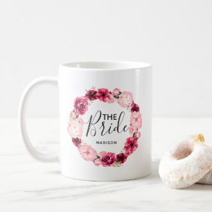 Mug Couronne florale chic bordeaux et rose la mariée