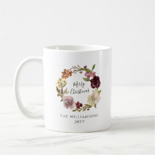Mug Couronne florale Joyeux Noël Nom de famille