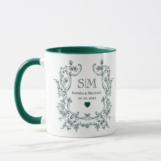 Mug Couronne florale verte monogramme de mariage (Gauche)