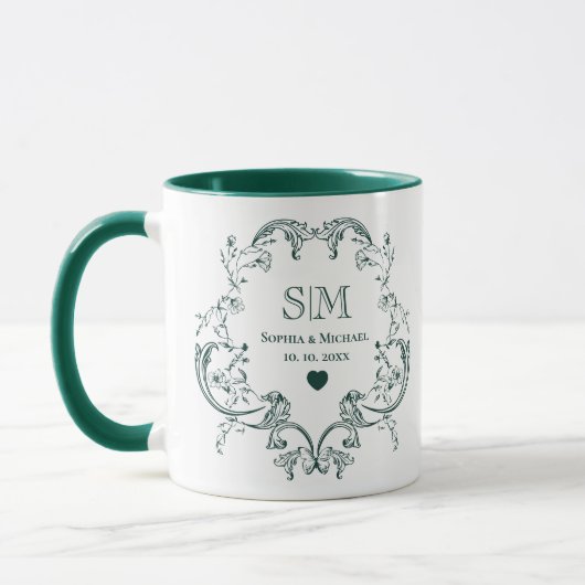 Mug Couronne florale verte monogramme de mariage (Gauche)