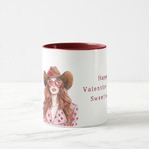 Mug Cowgirl Cheveux Rouges Cœurs Roses Saint-Valentin