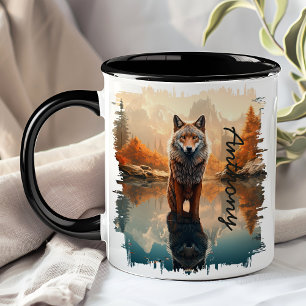 Mug Coyote dans le reflet du lac en automne