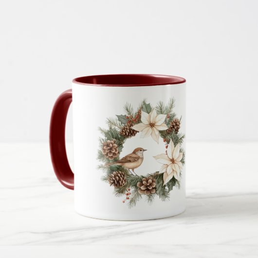 Mug Cozy Warm Christmas Poinsettia Pine Cones Bird (Devant gauche)