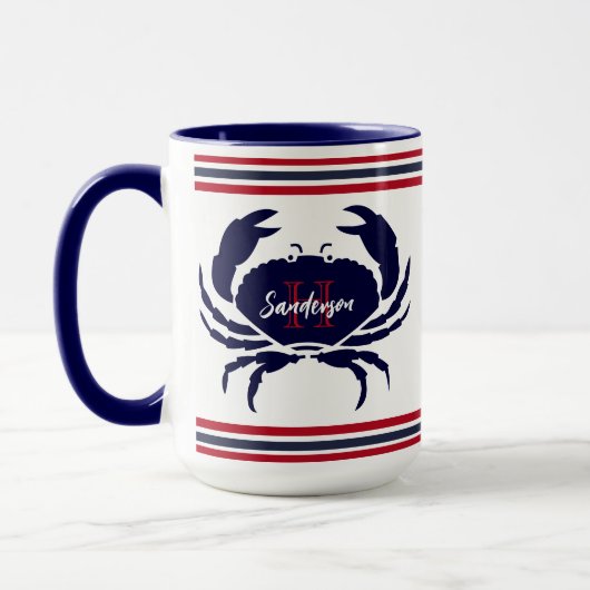 Mug crabe blanc bleu marine monogrammé (Gauche)