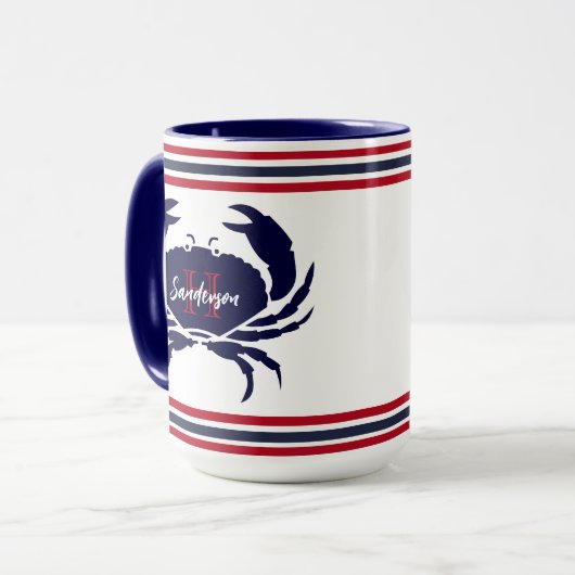 Mug crabe blanc bleu marine monogrammé (Devant gauche)