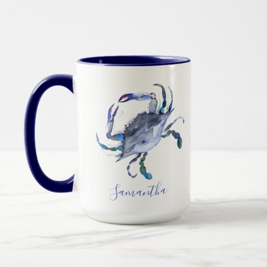 Mug Crabe bleu Thème de plage personnalisé Café (Gauche)