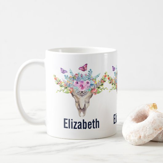 Mug Crâne animal Boho avec papillons et fleurs (Avec donut)